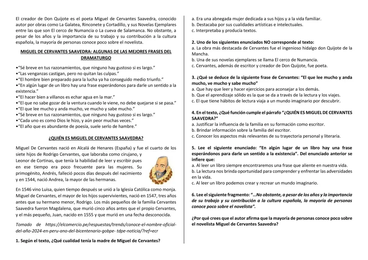 Página con información sobre Miguel de Cervantes Saavedra, incluyendo frases célebres y datos biográficos. Se mencionan frases de Cervantes y su obra.