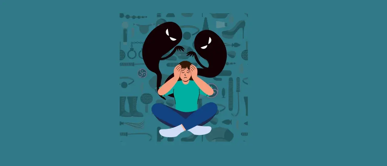 Persona angustiada con sombras que la atormentan, rodeada de objetos que sugieren pensamientos intrusivos sobre sexualidad.