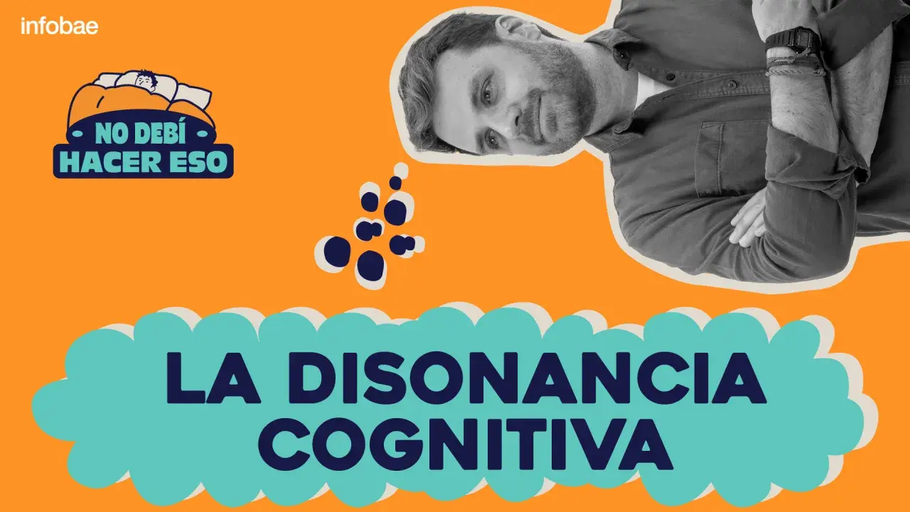 Un hombre reflexiona sobre la disonancia cognitiva, con un globo de pensamiento que dice "No debí hacer eso".