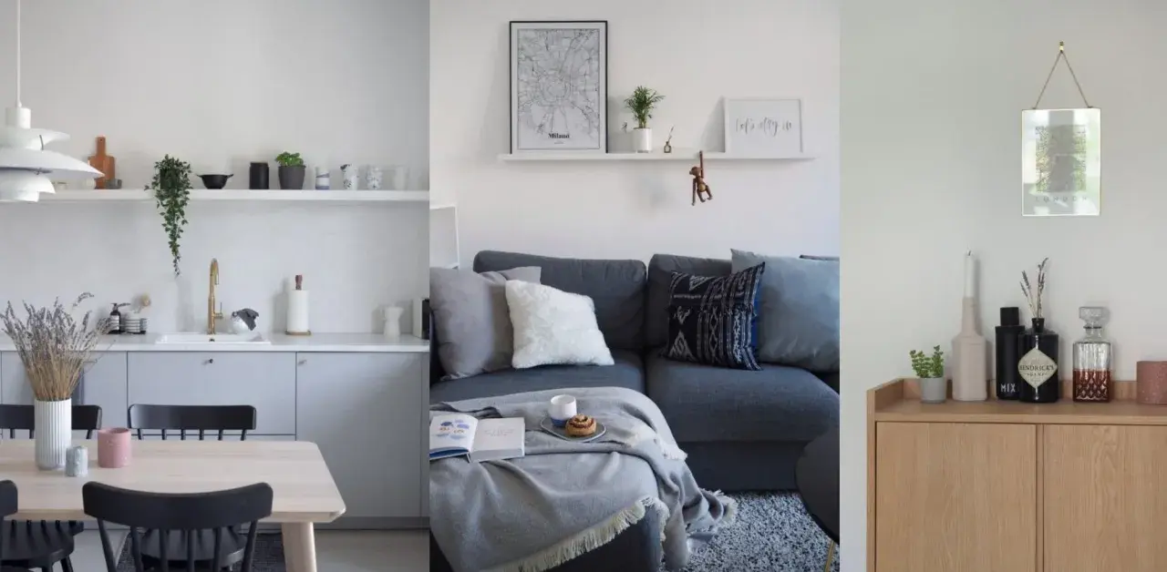 Cocina, salón y mueble de madera con objetos decorativos. El hygge significado se refleja en la calidez y el confort de estos espacios.