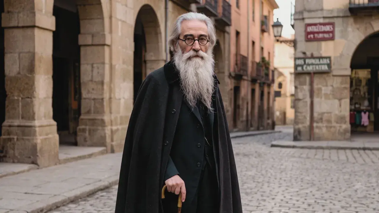 Un hombre con barba larga y gafas, vestido con capa y bastón, evoca las frases de Valle Inclán en una calle empedrada.