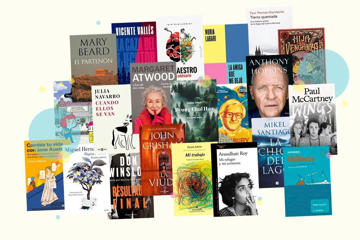 Una selección de **últimos libros publicados**, con portadas de diversos géneros y autores, creando un mosaico literario.