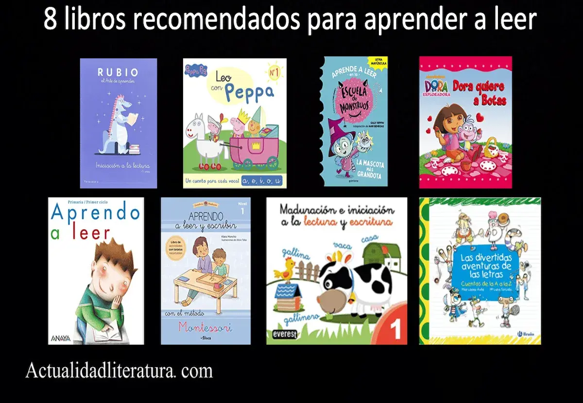 Ocho libros para aprender a leer, con personajes como Peppa Pig, Dora la Exploradora y monstruos.