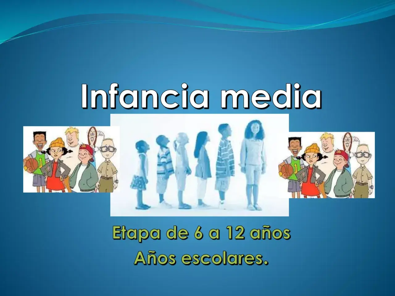 Ilustración de niños en diferentes etapas de la vida, mostrando la infancia media de 6 a 12 años, años escolares.