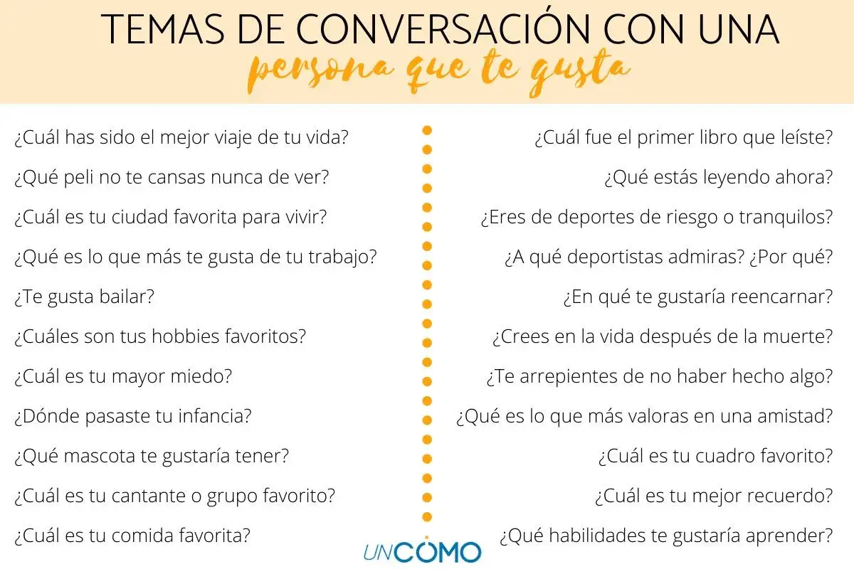 Lista de temas de conversación para ligar: viajes, películas, hobbies, miedos, gustos musicales y culinarios, y más.