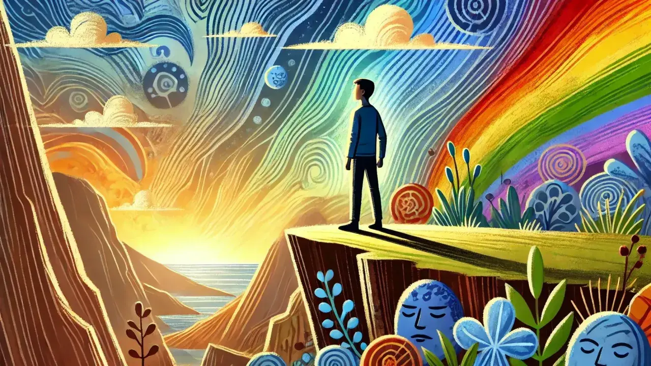 Un joven mira un paisaje vibrante y surrealista, con un arcoíris y un sol naciente. Se siente bien al ser diferente al resto.
