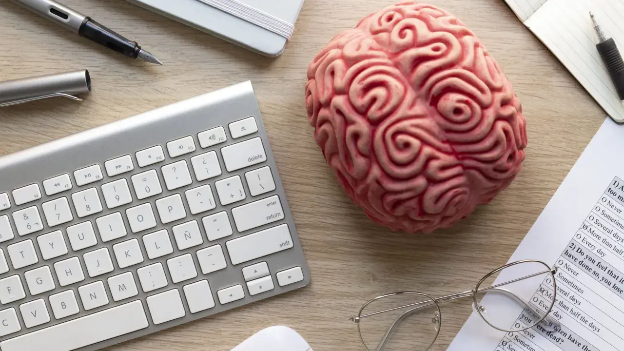 Un cerebro de juguete, teclado, bolígrafo y gafas sobre un escritorio, sugiriendo el modelo biopsicosocial.