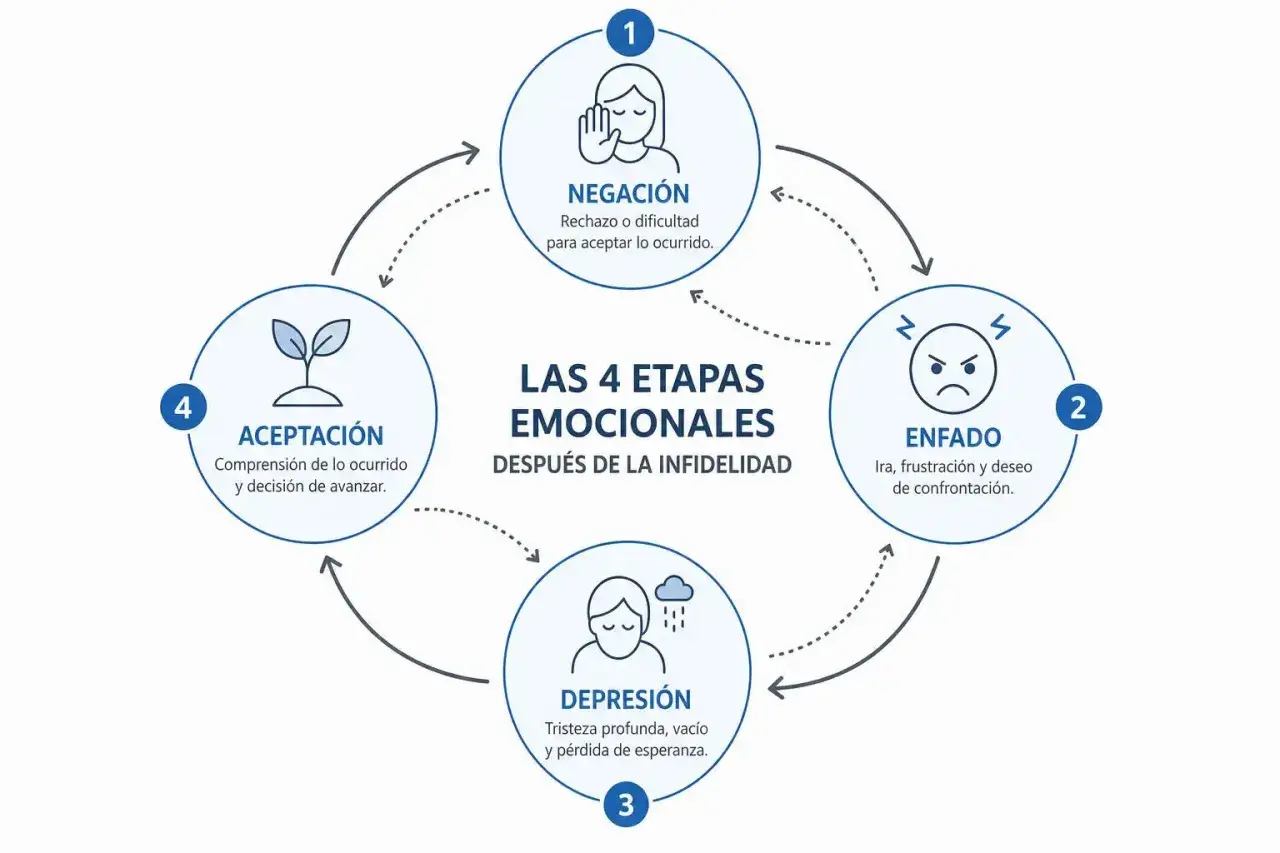 Diagrama de las 4 etapas emocionales tras una infidelidad: negación, enfado, depresión y aceptación.