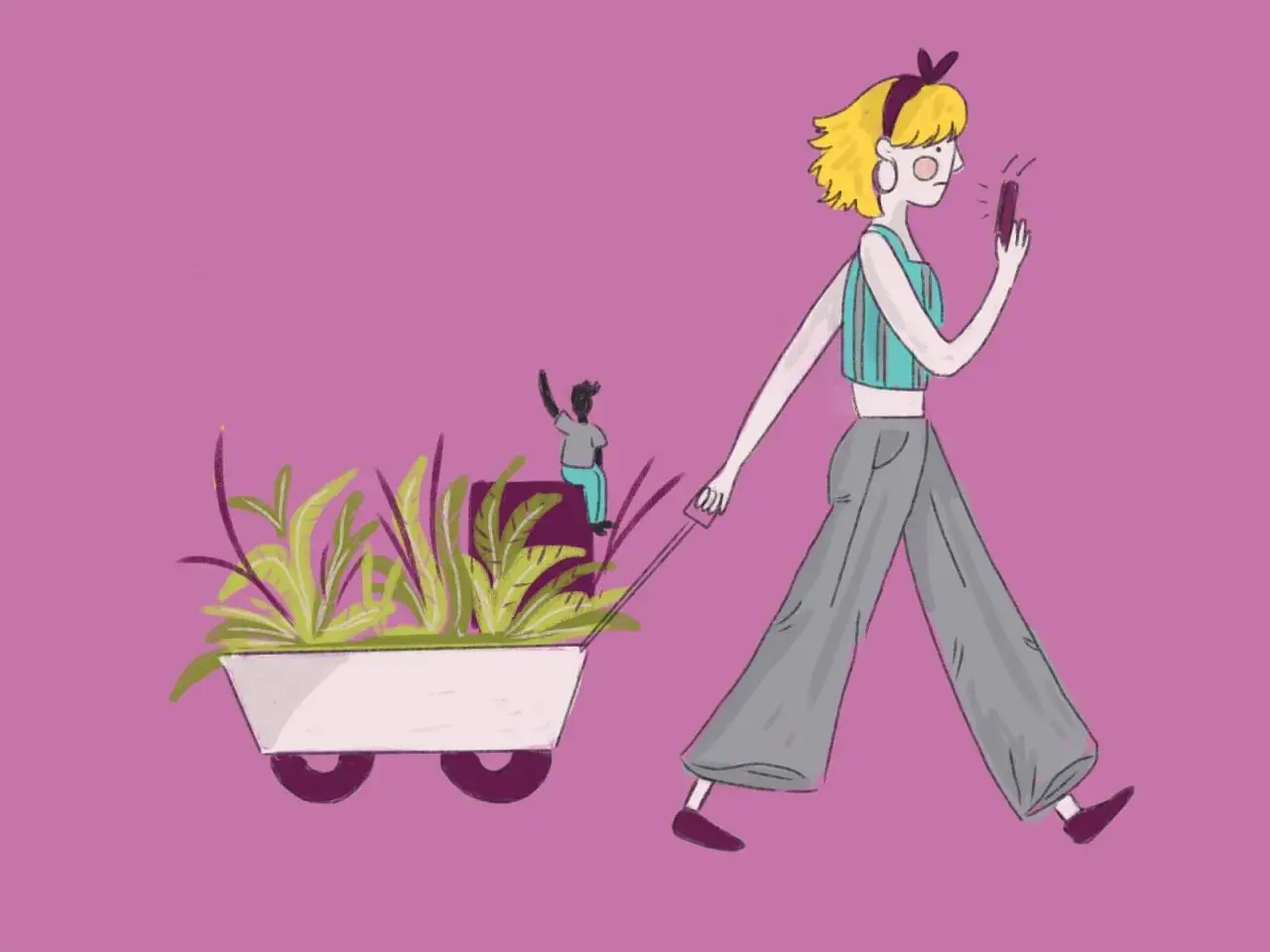 Chica con móvil ignora a amigo en carretilla de plantas. Parece que está en la friend zone.