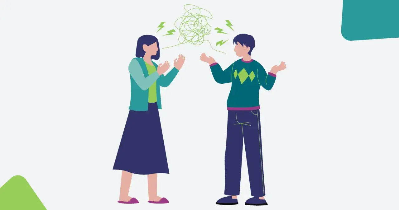 Una pareja discute, con un enredo verde y rayos verdes entre ellos, simbolizando cómo mi pareja me agota psicológicamente.