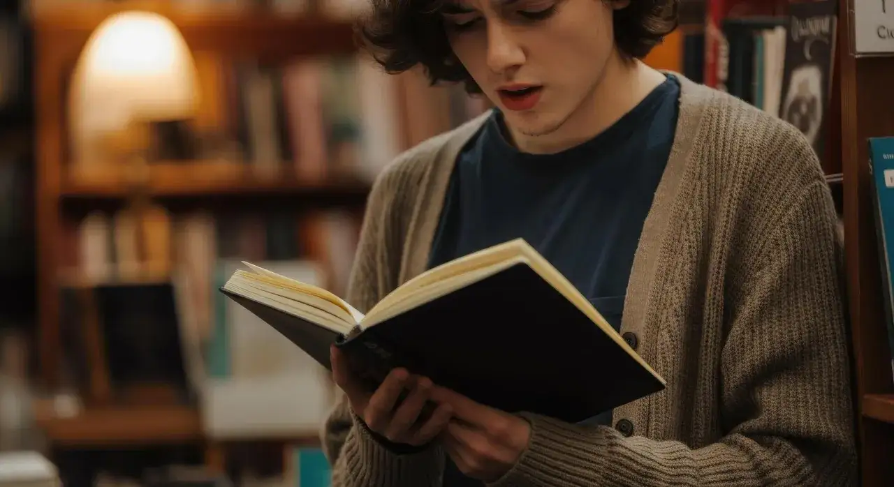 Joven concentrado leyendo un libro en una librería, rodeado de estanterías llenas de libros que hay que leer.