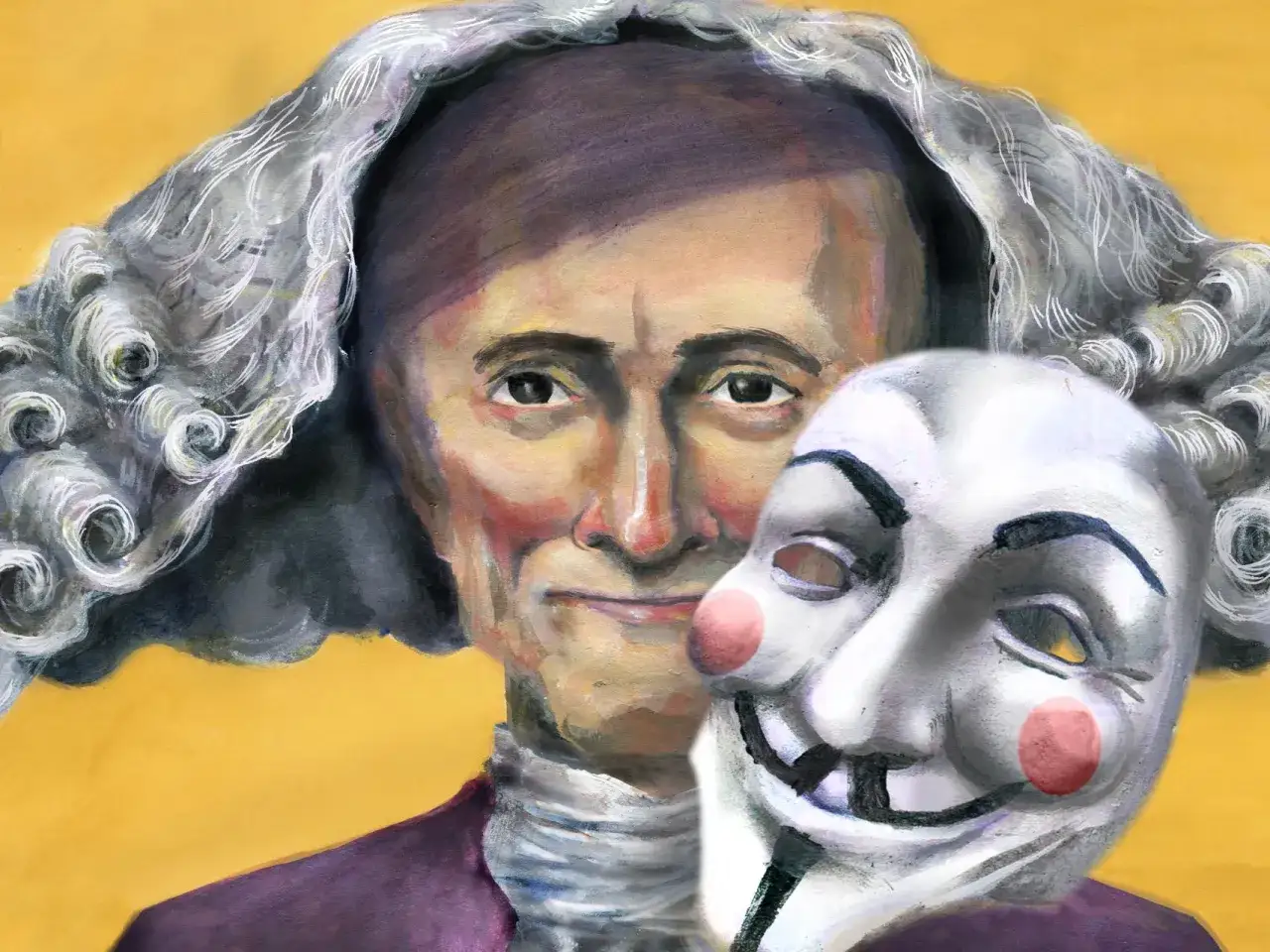 Voltaire, con su peluca empolvada, sostiene una máscara de Guy Fawkes. Un guiño a la audacia de sus frases.