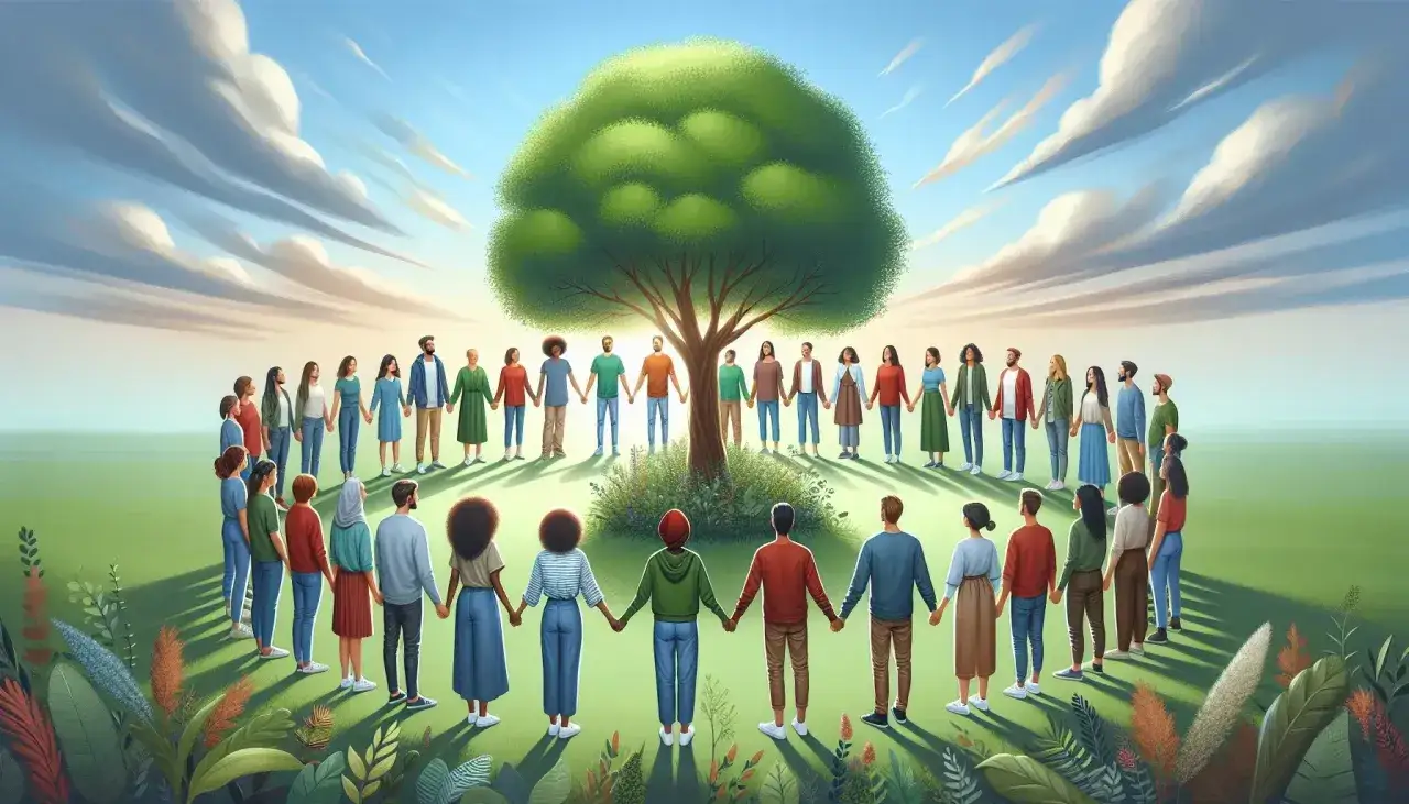 Un grupo diverso de personas tomadas de la mano en c&iacute;rculo alrededor de un &aacute;rbol, simbolizando las virtudes de una persona y la unidad.