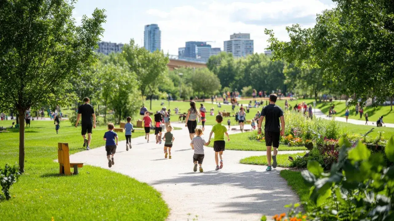 Gente disfrutando de un d&iacute;a soleado en el parque, caminando y corriendo. Un recordatorio de las 7 reglas para adelgazar caminando.