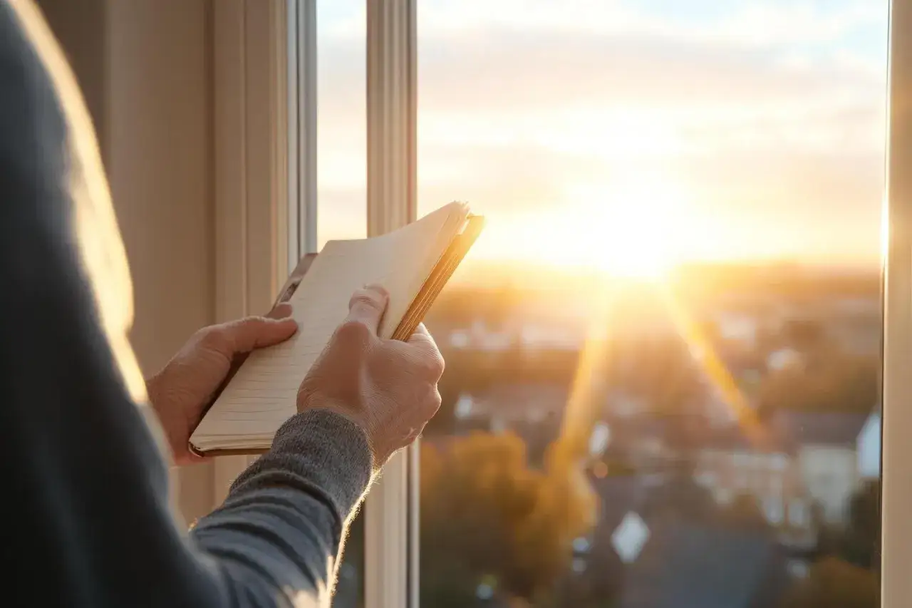 Man holding a notebook, contemplating the sunrise. A moment of reflection, asking 