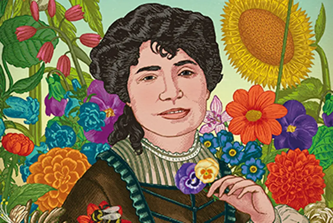 Retrato de mujer rodeada de flores vibrantes, evocando la belleza y melancol&iacute;a de las frases de Rosal&iacute;a de Castro.