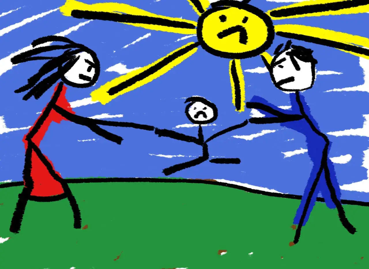 Ni&ntilde;os atrapados entre padres enojados, bajo un sol triste. La imagen evoca el significado de 