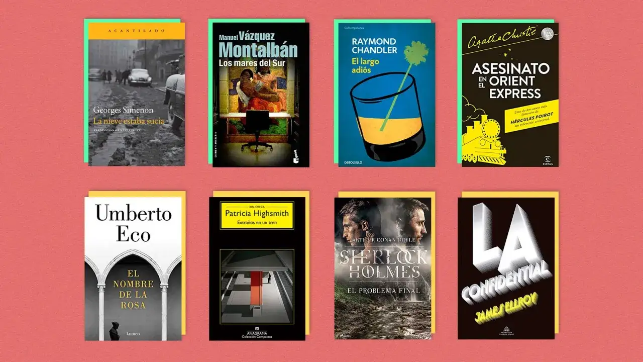 Ocho portadas de mejores novelas negras: Simenon, Montalb&aacute;n, Chandler, Christie, Eco, Highsmith, Doyle y Ellroy.