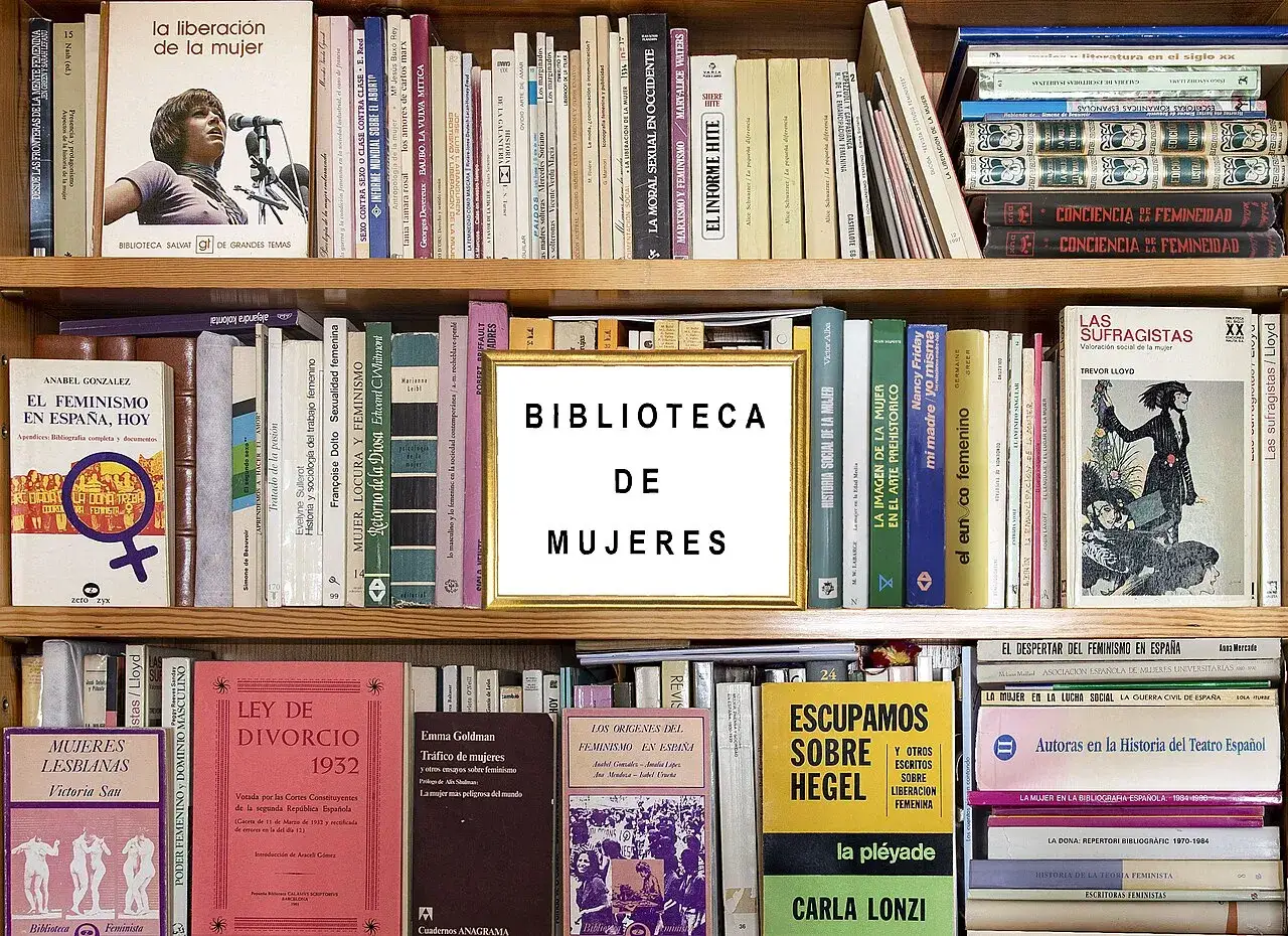 Estanter&iacute;as repletas de libros de literatura feminista, con t&iacute;tulos como 