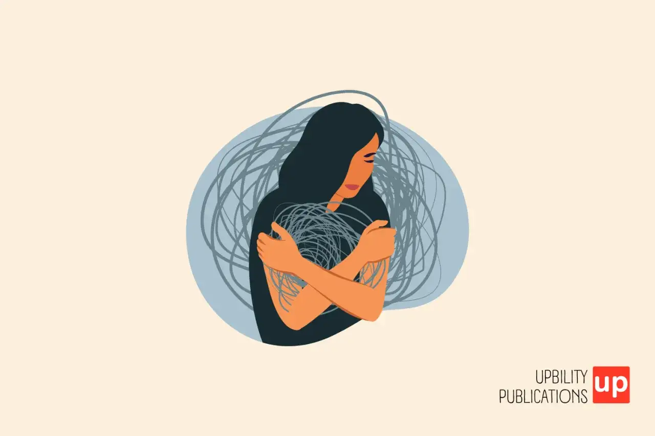 Mujer abrazándose, rodeada de líneas caóticas que simbolizan la anestesia emocional y la confusión interna.