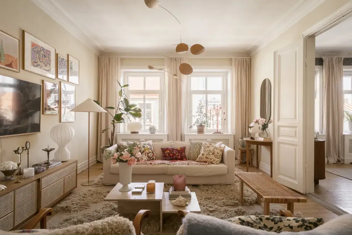 Un sal&oacute;n acogedor, lleno de luz y detalles que evocan el hygge significado: cojines coloridos, plantas, arte en las paredes y una alfombra mullida.