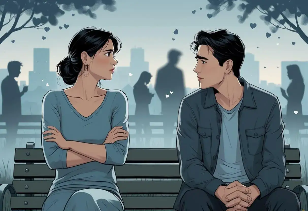 Pareja sentada en un banco, mir&aacute;ndose con desconfianza. &iquest;Qu&eacute; son los celos? En el fondo, siluetas de personas con m&oacute;viles, ajenas a la tensi&oacute;n.