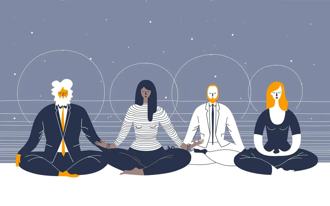 Cuatro personas en trajes meditan en posici&oacute;n de loto bajo un cielo estrellado. Un gu&iacute;a te ense&ntilde;a como empezar a meditar.