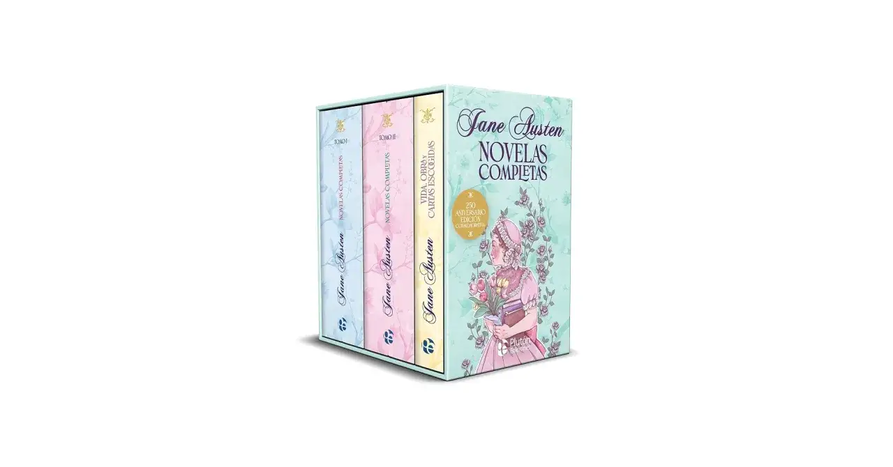 Caja de obras de Jane Austen con cuatro tomos de sus novelas completas y cartas, en una edición conmemorativa.