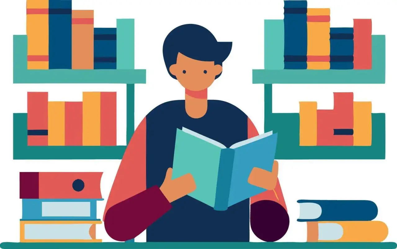 Un joven con buenos h&aacute;bitos de lectura, rodeado de estanter&iacute;as llenas de libros de colores.