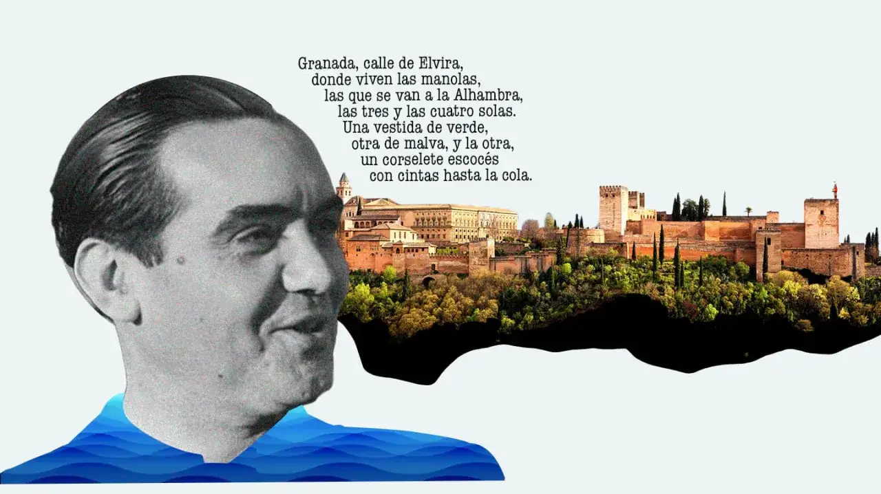 Retrato de Federico Garc&iacute;a Lorca junto a la Alhambra, evocando sus famosas federico garcia lorca frases sobre Granada.
