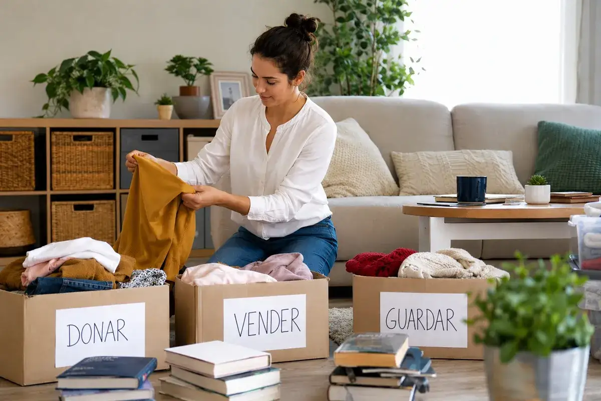Mujer organiza ropa en cajas para donar, vender o guardar. Decide qu&eacute; tirar y qu&eacute; conservar.