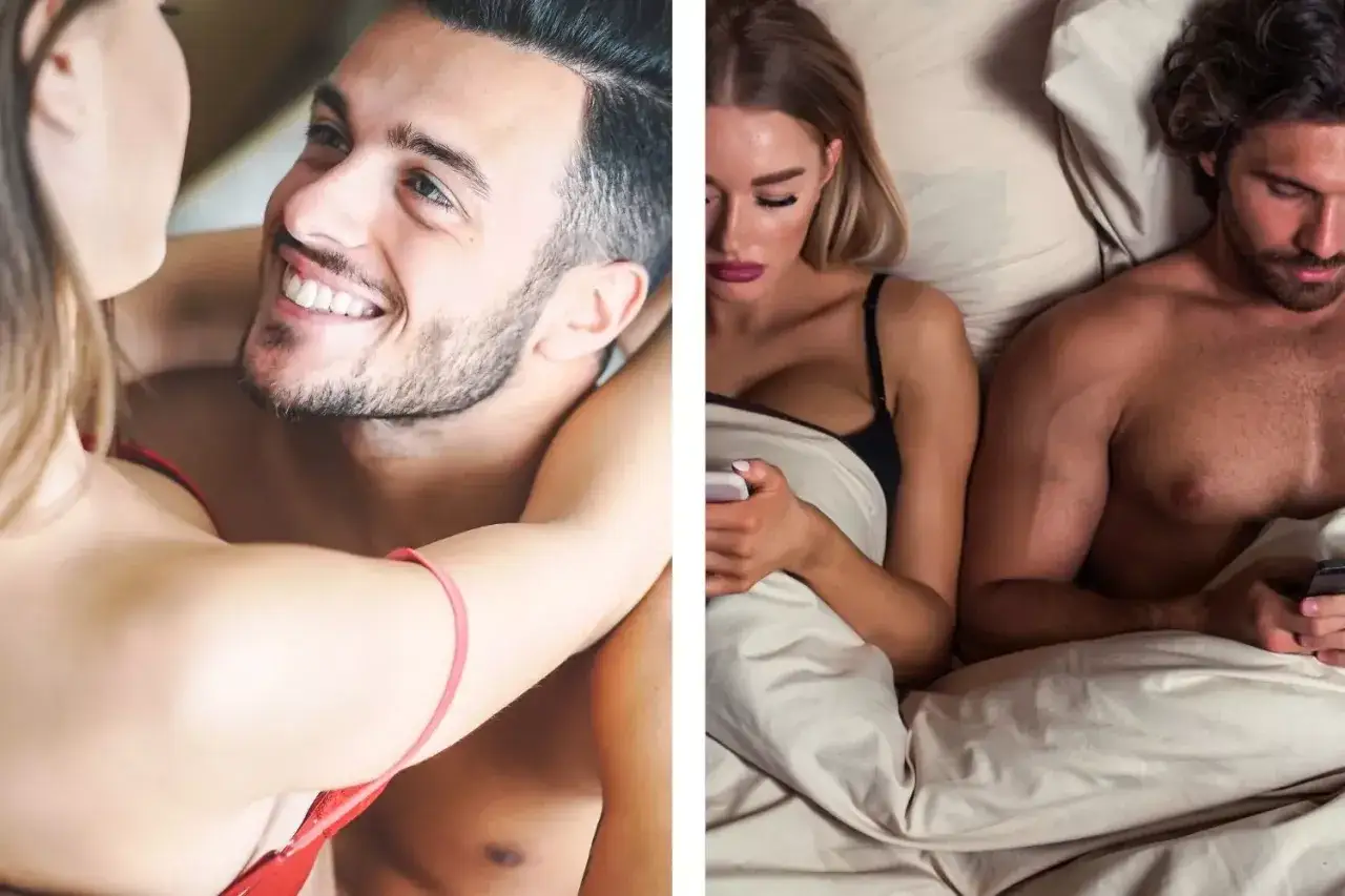 Pareja en la cama, uno sonríe con amor y el otro mira el móvil, explorando las complejidades del amor y el sexo en la era digital.