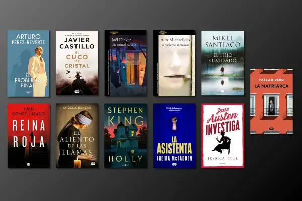Colección de portadas de **mejores novelas negras**: "El problema final", "El cuco de cristal", "Un animal salvaje", "La paciente silenciosa", "El hijo olvidado", "La matriarca", "Reina roja", "El aliento de las llamas", "Holly", "La asistenta" y "Jane...