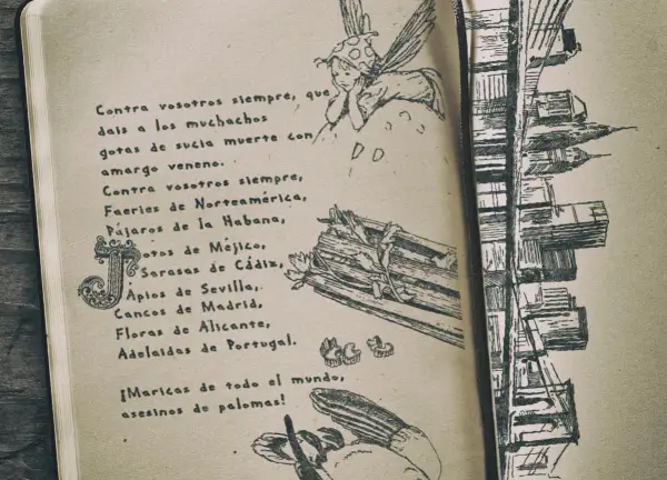 Un cuaderno abierto con dibujos y frases de Federico García Lorca. Se ve un hada, un haz de leña y una ciudad.