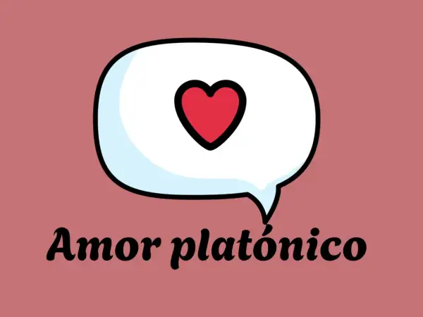 Un corazón rojo dentro de una burbuja de diálogo, con el texto "Amor platónico" debajo. El amor platónico significado.
