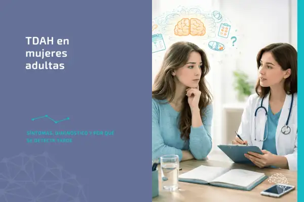 Mujer joven en consulta médica, reflexionando sobre el TDAH en mujeres adultas. La doctora toma notas.