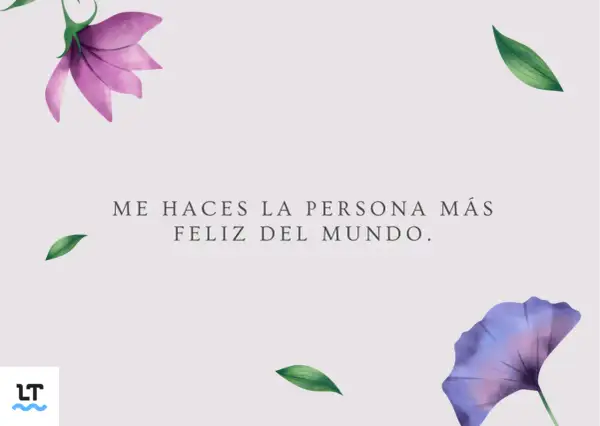 Me haces la persona más feliz del mundo." Una frase para decir que te gusta, con flores y hojas delicadas.