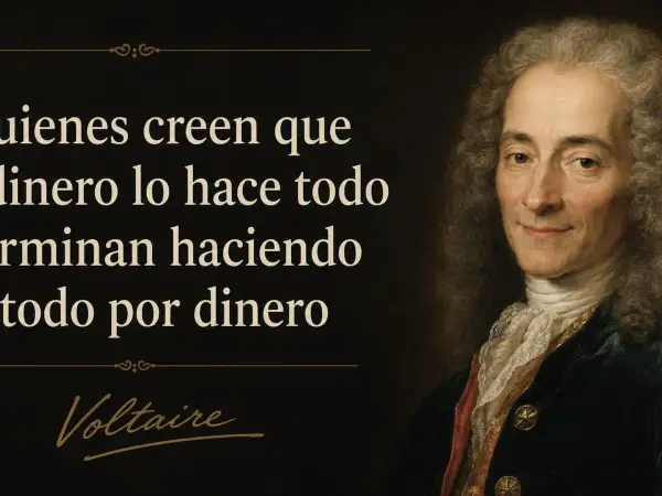 Retrato de Voltaire con una de sus **Voltaire frases**: "Quienes creen que el dinero lo hace todo, terminan haciendo todo por dinero".
