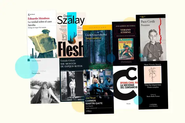 Colección de libros premiados, entre ellos "La verdad sobre el caso Savolta" de Eduardo Mendoza y "Tango satánico" de László Krasznahorkai.