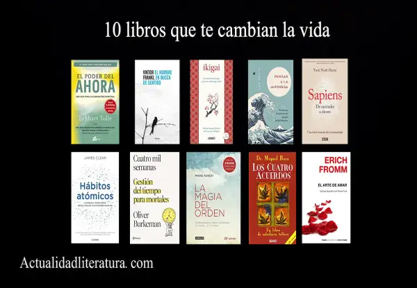 Una colección de 10 libros que te cambian la vida, incluyendo "El poder del ahora", "Sapiens" y "Los cuatro acuerdos".