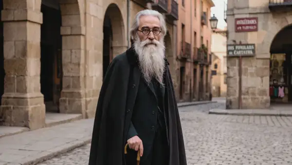Un hombre con barba larga y gafas, vestido con capa y bastón, evoca las frases de Valle Inclán en una calle empedrada.