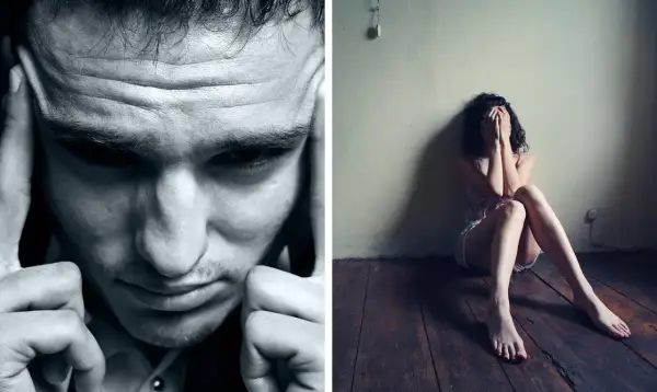 Un hombre con las manos en la cabeza y una mujer sentada en el suelo, ambos reflejando la tristeza de la distimia que es.