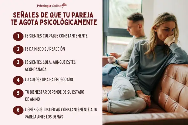 Pareja sentada en un sofá, ella con expresión de agotamiento. Señales de que tu pareja te agota psicológicamente.
