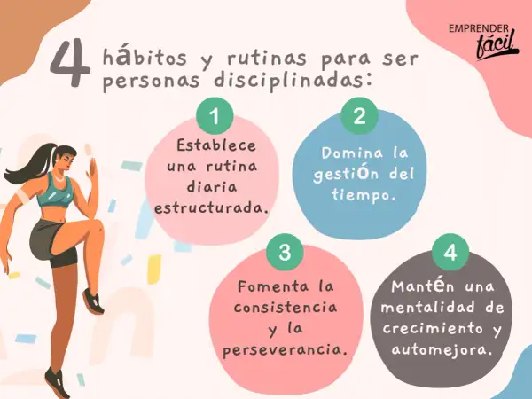 Una mujer enérgica se ejercita, ilustrando 4 hábitos para el crecimiento personal: rutina, gestión del tiempo, constancia y mentalidad de mejora.