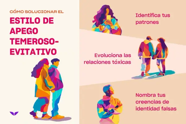 Ilustración sobre cómo solucionar el **apego evitativo en pareja**. Muestra pasos como identificar patrones y evolucionar relaciones tóxicas.