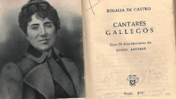 Retrato de Rosalía de Castro junto a su obra "Cantares Gallegos", un tesoro de frases y poemas.