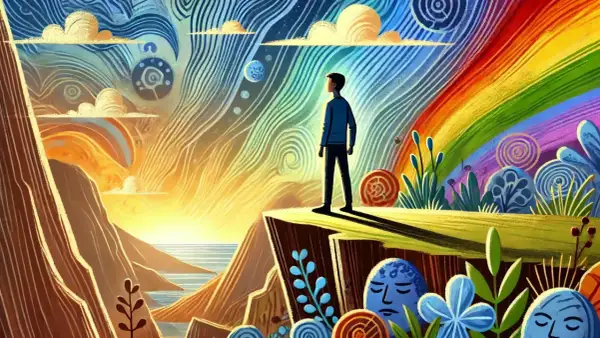 Un joven mira un paisaje vibrante y surrealista, con un arcoíris y un sol naciente. Se siente bien al ser diferente al resto.
