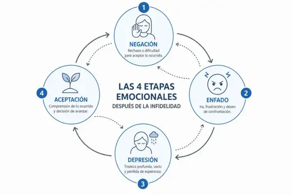 Diagrama de las 4 etapas emocionales tras una infidelidad: negación, enfado, depresión y aceptación.
