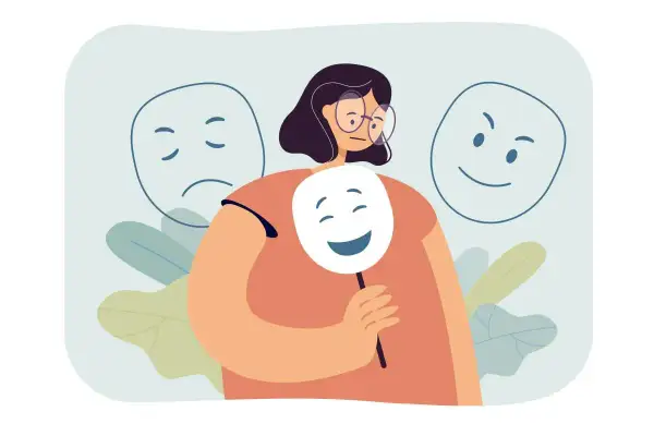 Persona con máscara sonriente, ocultando su tristeza. Un reflejo de la anestesia emocional en la sociedad actual.
